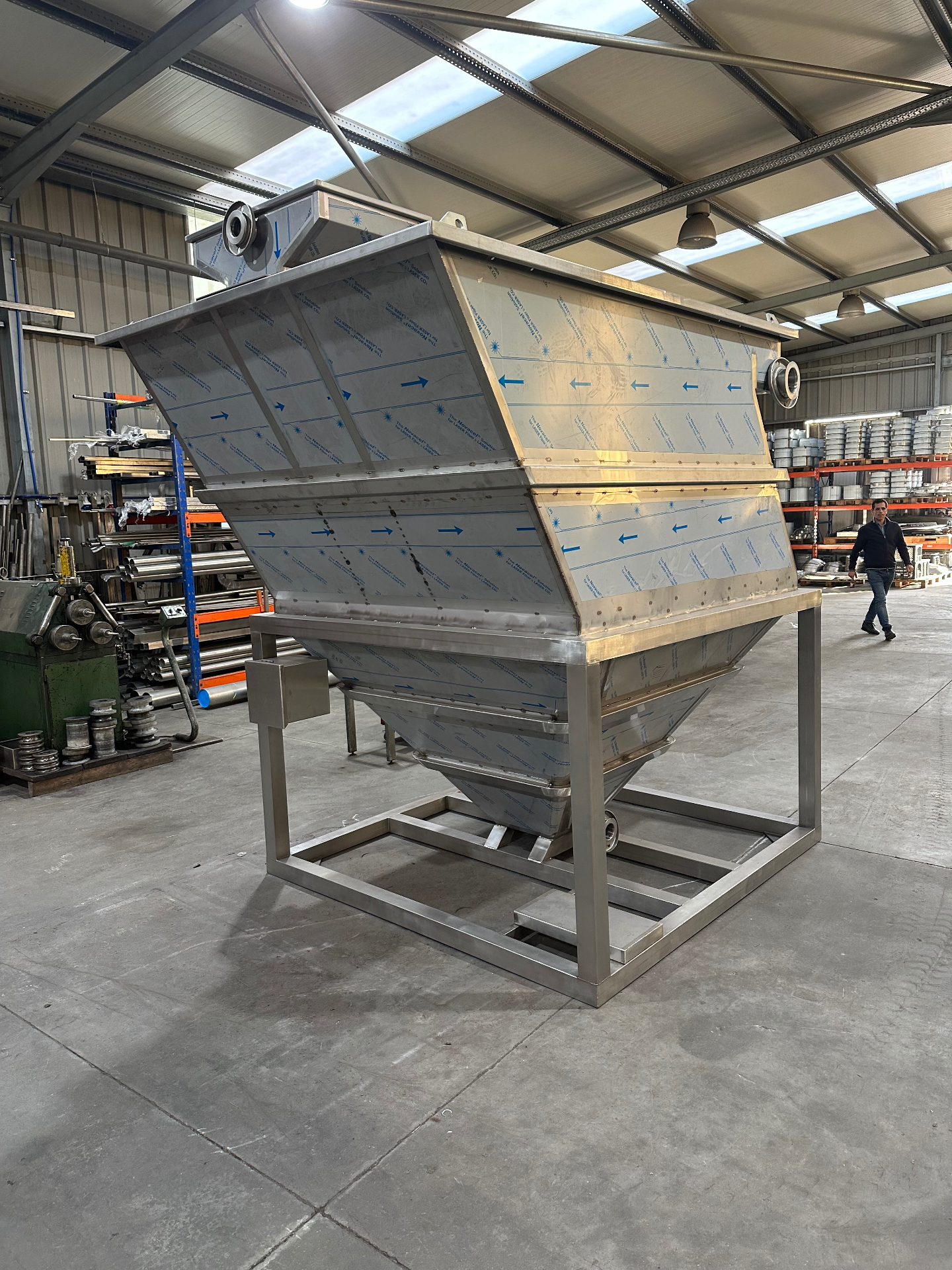 Stainless steel water recycling equipment being assembled at the Aquafil factory