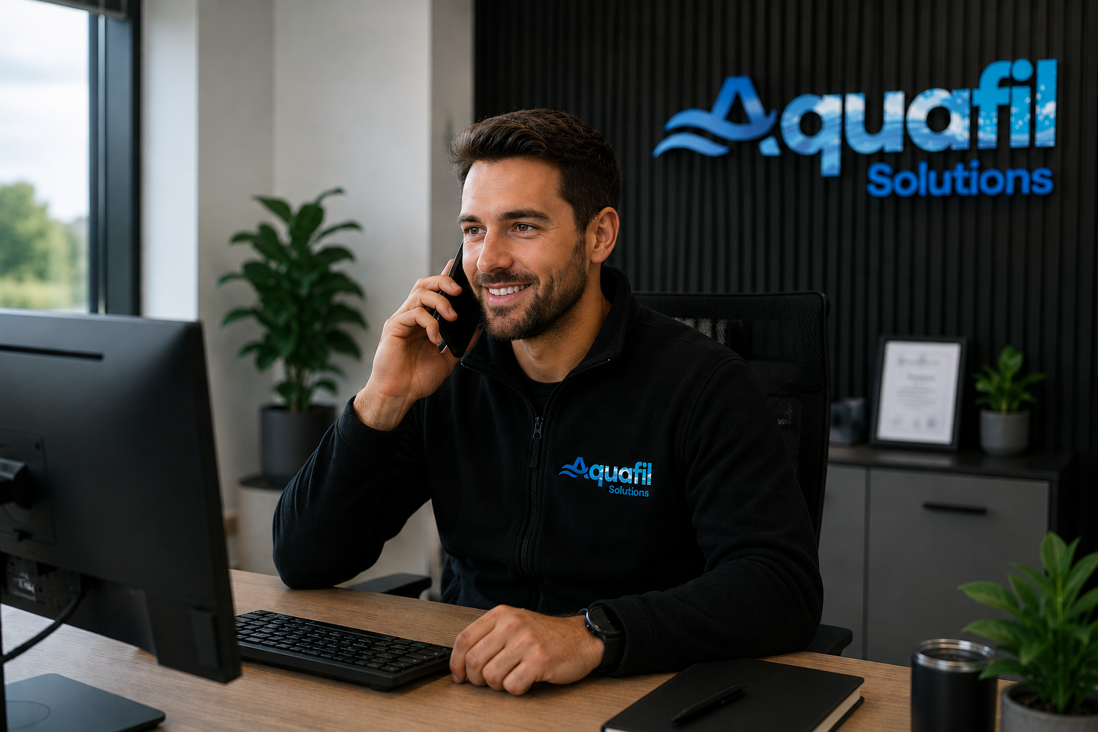 Aquafil team member providing customer support over the phone