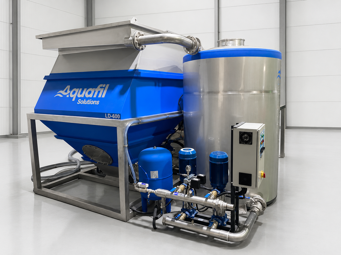 Aquafil LD-600 water recycling plant with clarifier and storage tank
